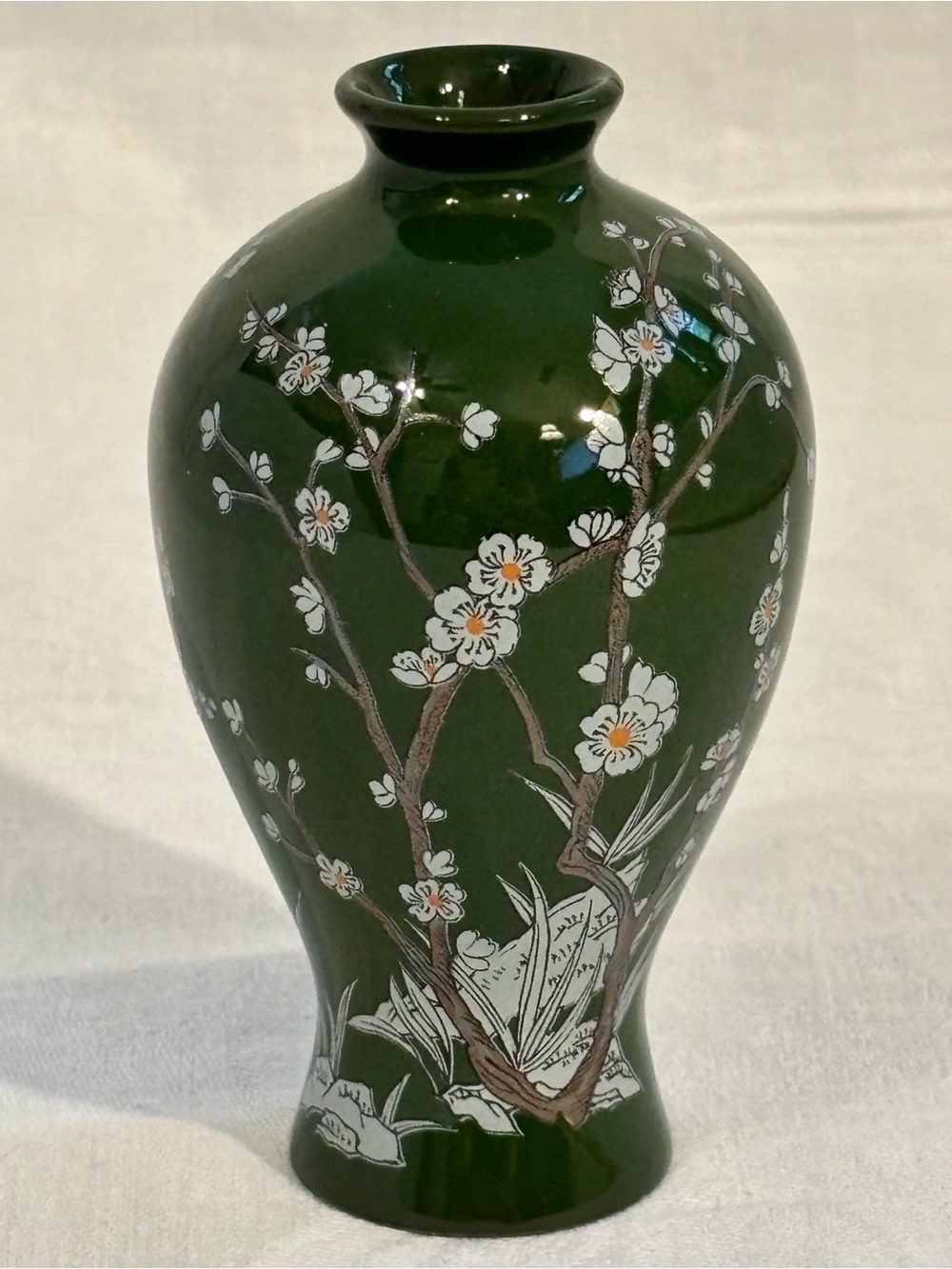 Vintage 1980 Franklin Porcelain Plum Blossom Mini Vase Green Imperial Dynasties